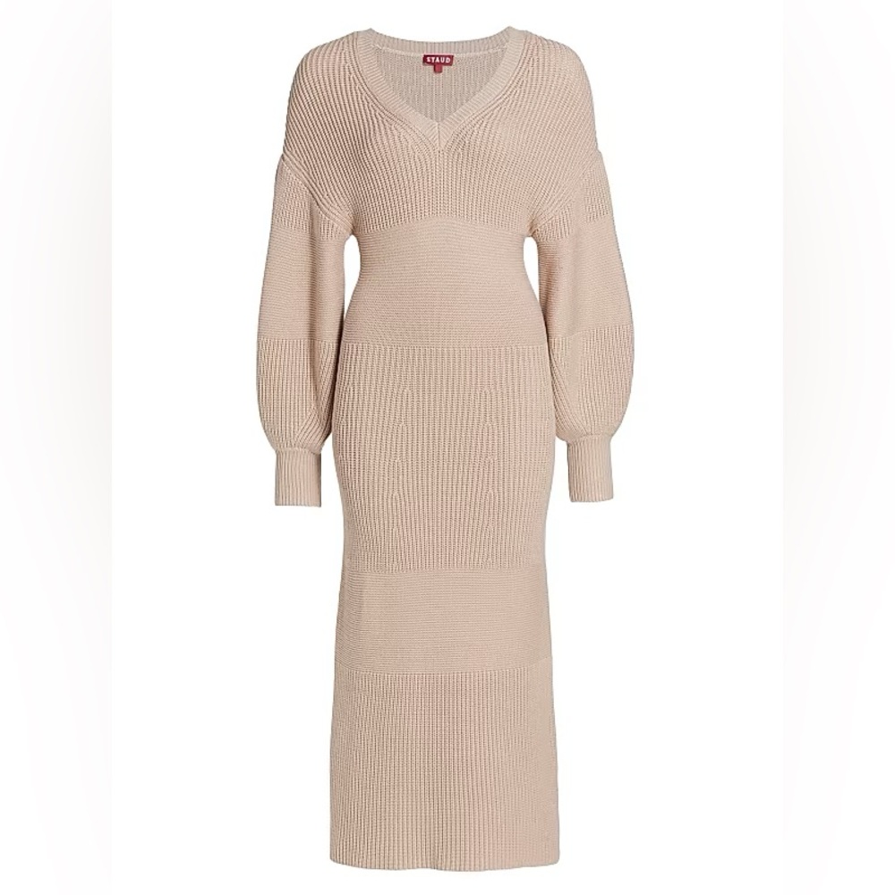 STAUD Carnation Puff Sleeve Sweater Beige Long Sleeve Knit Dress Sz XS